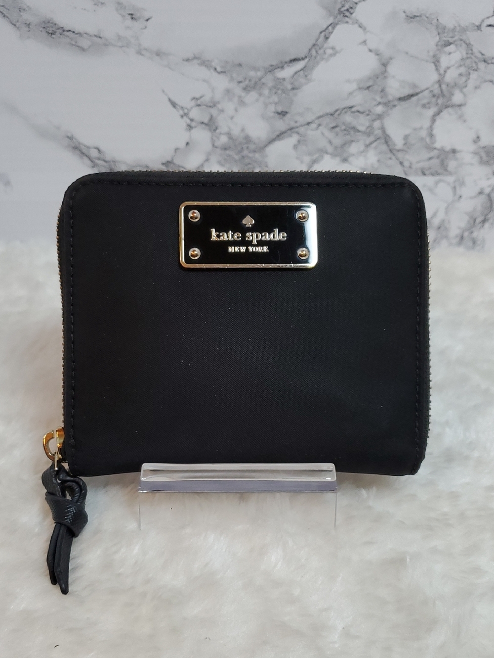 kate spade Black Compact Zip Wallet with Gold Plaque